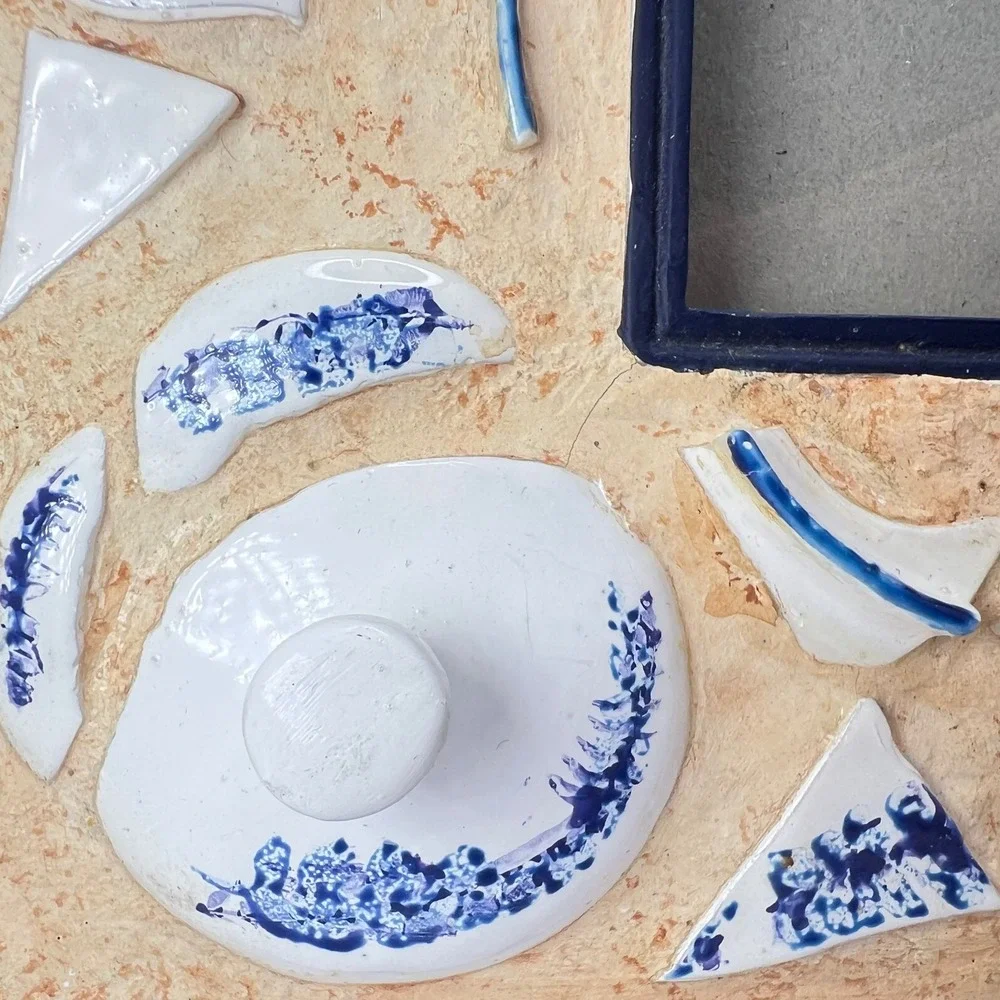 Blue & White Mosaic Broken‎ Teapot Picture Frame 3x5 Shabby Chic Cottage Artisan